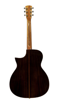 Shape O-415 HG CE, acoustic guitar in OM shape with solid spruce top and solid back and sides made of rosewood, with pickup, cutaway and armrest, back view
