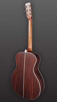 You&grave;s, gray burst finished Acoustic Guitar in OM shape with solid spruce top and rosewood on back and sides, with pickup, back view