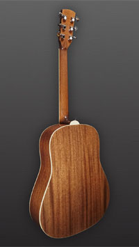 You`s, sunburst finished acoustic guitar in Round Shoulder Dreadnought shape with solid spruce top and back and sides made of solid mahogany, nut width 45 mm, back view