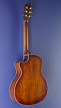 You`s, glossy finished Acoustic Guitar in Grand Auditorium shape with solid koa top and koa on back and sides, with pickup, back view